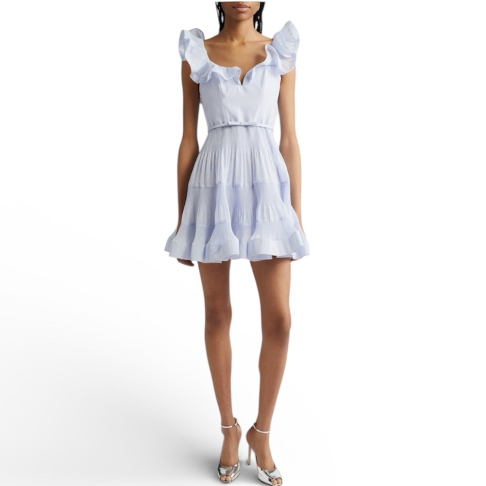 Zimmermann Pleated Frill Mini Dress Light Powder Blue Size US 10, AU 3 NWT